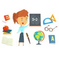 Happy teacher standing next to a blackboard, set for label design. Work in the school, stationery. Colorful cartoon