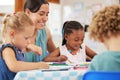 Happy, teacher and woman with education, students and ideas with kindergarten, lessons or teaching. Person, educator or Royalty Free Stock Photo