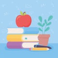 Happy teachers day, apple on books pen pencil and plant cartoon