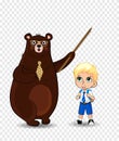 Cartoon bear teacher and school boy sitting on books pile isolated, clip art Royalty Free Stock Photo