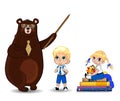 Cartoon bear teacher in glasses holding pounter and school children on white background Royalty Free Stock Photo