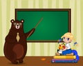 Cartoon bear teacher and school girl sitting on books pile near clear blackboard in classroom . Royalty Free Stock Photo
