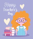 Happy teachers day, blonde student girl cartoon with books