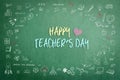 Happy teachers day calligraphy greeting on green school chalkboard with creative student`s doodle of learning education graphic Royalty Free Stock Photo