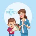 Happy teachers day card with teacher and boy giving flowers Royalty Free Stock Photo