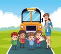 Happy teachers day card with teacher and students in bus school Royalty Free Stock Photo