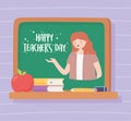 Happy teachers day, chalkboard teacher apple books and pencil