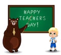 Happy teachers day clip art with cartoon bear teacher and student boy on white Royalty Free Stock Photo