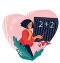 Happy teachers day concept with Woman Teacher character near blackboard in heart frame.