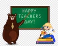 Happy teachers day greeting card with cartoon bear teacher and school girl on transparent Royalty Free Stock Photo