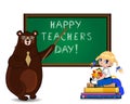 Happy teachers day greeting card with cartoon bear teacher and school girl on white Royalty Free Stock Photo