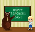 Happy teachers day greeting card with cartoon bear teacher and student boy in classroom. Royalty Free Stock Photo