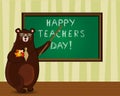 Happy teachers day greeting card illustration of cute cartoon bear teacher standing near blackboard Royalty Free Stock Photo