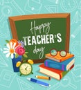 Happy Teachers Day greeting card or poster with colorful piled books in front of a vintage student slate with text