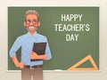 Happy teachers day. A male teacher with glasses and a book stands at the blackboard. Poster congratulations on the holiday