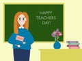 Happy teachers day poster or banner template. Woman teacher in the classroom. Simple flat color graphic design