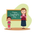 Happy teachers day scene with teacher and schoolboy in classroom Royalty Free Stock Photo