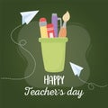 Happy teachers day, school brush pencil crayon pen