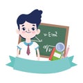 Happy teachers day, student boy blackboard book and magnifier cartoon