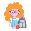 Happy teachers day, student girl backpack apple and chemistry flask Royalty Free Stock Photo