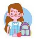 Happy teachers day, student girl backpack apple and chemistry flask Royalty Free Stock Photo