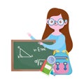 Happy teachers day, teacher blackboard backpack book and magnifier cartoon