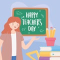Happy teachers day, teacher blackboard pencils in cup books and ruler
