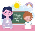 Happy teachers day, teacher and boy student chalkboard and rainbow Royalty Free Stock Photo