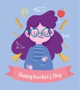 Happy teachers day, teacher cartoon with supplies school icons