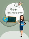 Happy Teachers` day- teacher with pointer and globe board pencils and book- Paper Cut Out -Vector Illustration