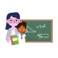 Happy teachers day, teacher and student boy blackboard and book