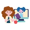 Happy teachers day, teacher and student girl computer online learn