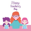 Happy teachers day, teacher and student girls, inscription card