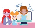 Happy teachers day, teacher students girl boy computer online class