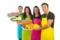 Happy team of market workers with fresh food Royalty Free Stock Photo