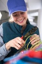 happy technician fixing cable in server room Royalty Free Stock Photo