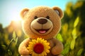 A happy teddy bear with a sunflower in a field. Sunny day. Created with Generative AI