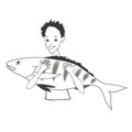Happy teen and big perch. Vector illustration. Royalty Free Stock Photo