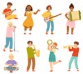 Happy Teen Boy and Girl Playing Different Musical Instruments and Singing Song Performing on Stage Vector Set