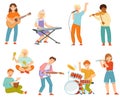 Happy Teen Boy and Girl Playing Different Musical Instruments and Singing Song Performing on Stage Vector Set Royalty Free Stock Photo