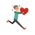 Happy teen boy running with red heart, Happy Valentines Day concept, love and relationships vector Illustration Royalty Free Stock Photo