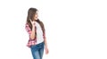 happy teen child in checkered shirt on white background with copy space. inspired with idea