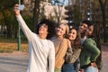 Happy teen friends taking selfie while walking in park Royalty Free Stock Photo