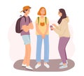Happy teen friends talking concept. Group of cheerful school friends having conversation standing and smiling. Girls and