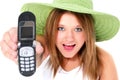 Happy Teen Girl In Green Hat With Cellphone Royalty Free Stock Photo