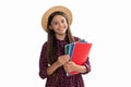 happy teen girl with notebook. back to school. child in straw hat ready to study. Royalty Free Stock Photo