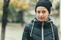 Happy teen girl posing outdoor, autumn season, city street Royalty Free Stock Photo