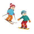 Happy teen girl skiing and boy snowboarding Royalty Free Stock Photo