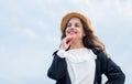 happy teen girl smiling outdoor. happy childhood. pretty child on sky background. Royalty Free Stock Photo