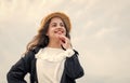 happy teen girl smiling outdoor. happy childhood. pretty child on sky background. Royalty Free Stock Photo